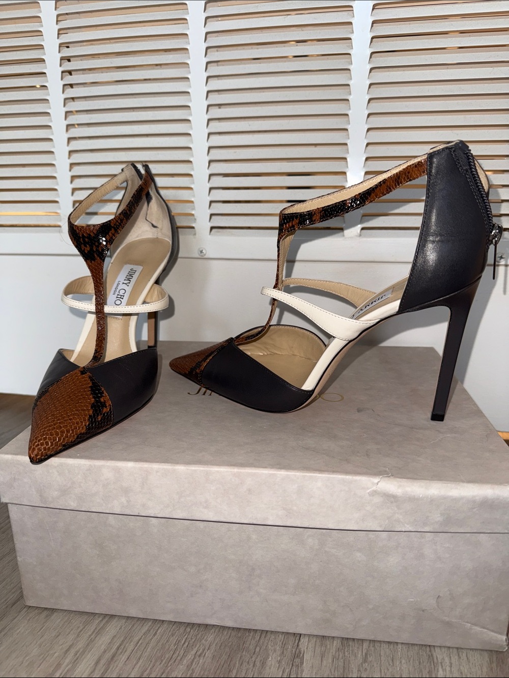 Jimmy Choo Saoni Snake Leather, Calf Leather, Nappa Pointed T-Strap Heels - Picture 9 of 9